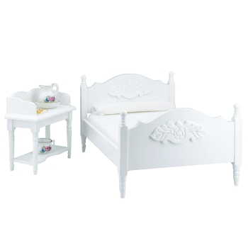 Doppelbett mit Waschtisch, weiß, mit Miniaturen